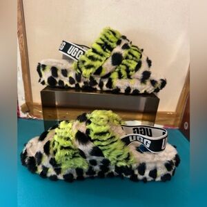 UGG Women's Sandals with Neon Green and Black Leopard Print